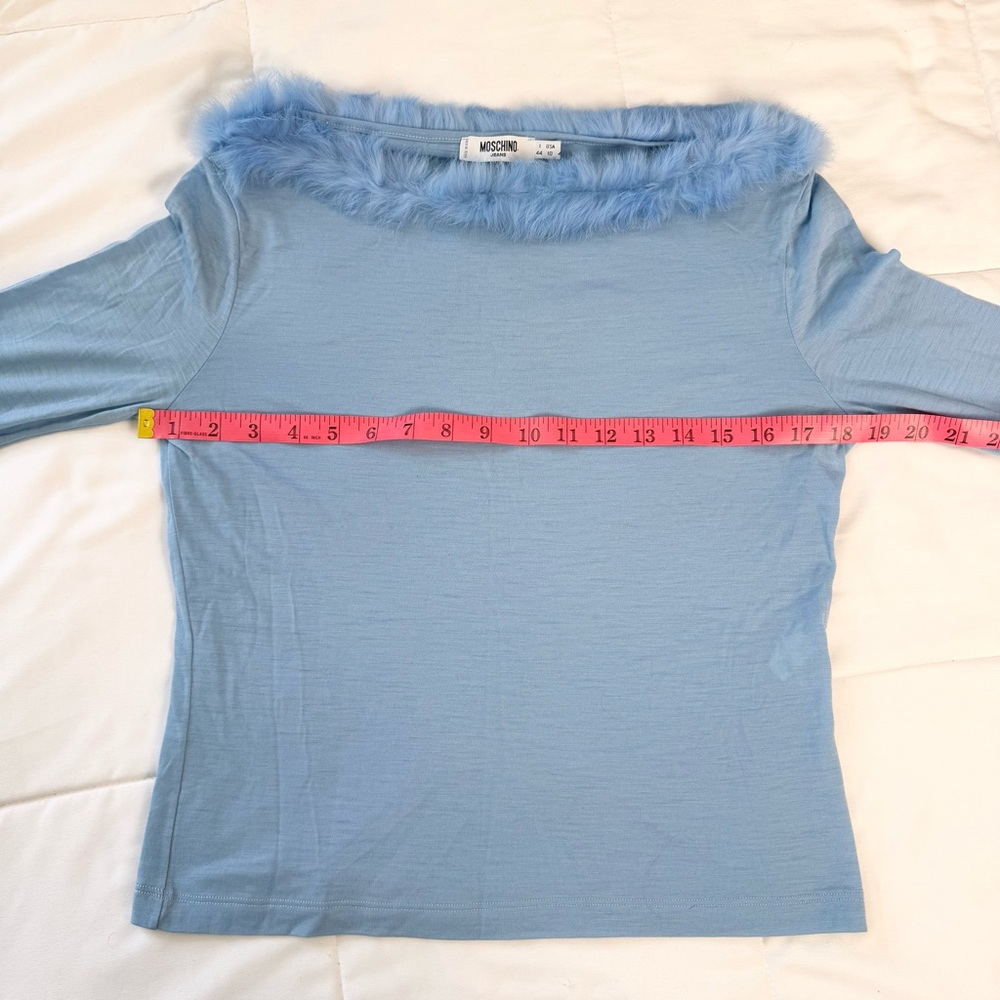 Moschino Pastel Blue Fur Trim Top Long Sleeve Size‎ 10 USA Made in Italy - Picture 5 of 10